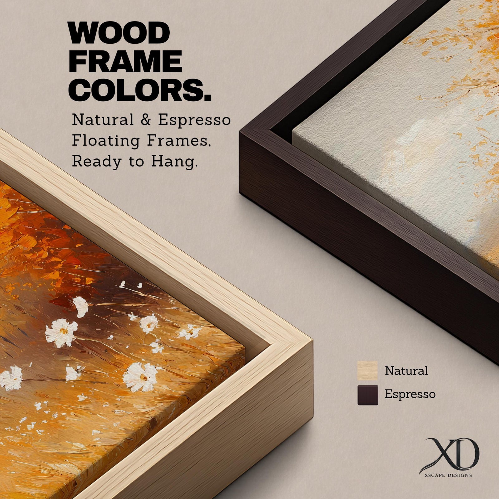 A vintage-style framed canvas depicting autumn wildflowers with white petals and golden foliage in an impressionistic, rustic floral composition. The artwork features textured brushstrokes and warm tones evoking a cozy cottagecore aesthetic.
