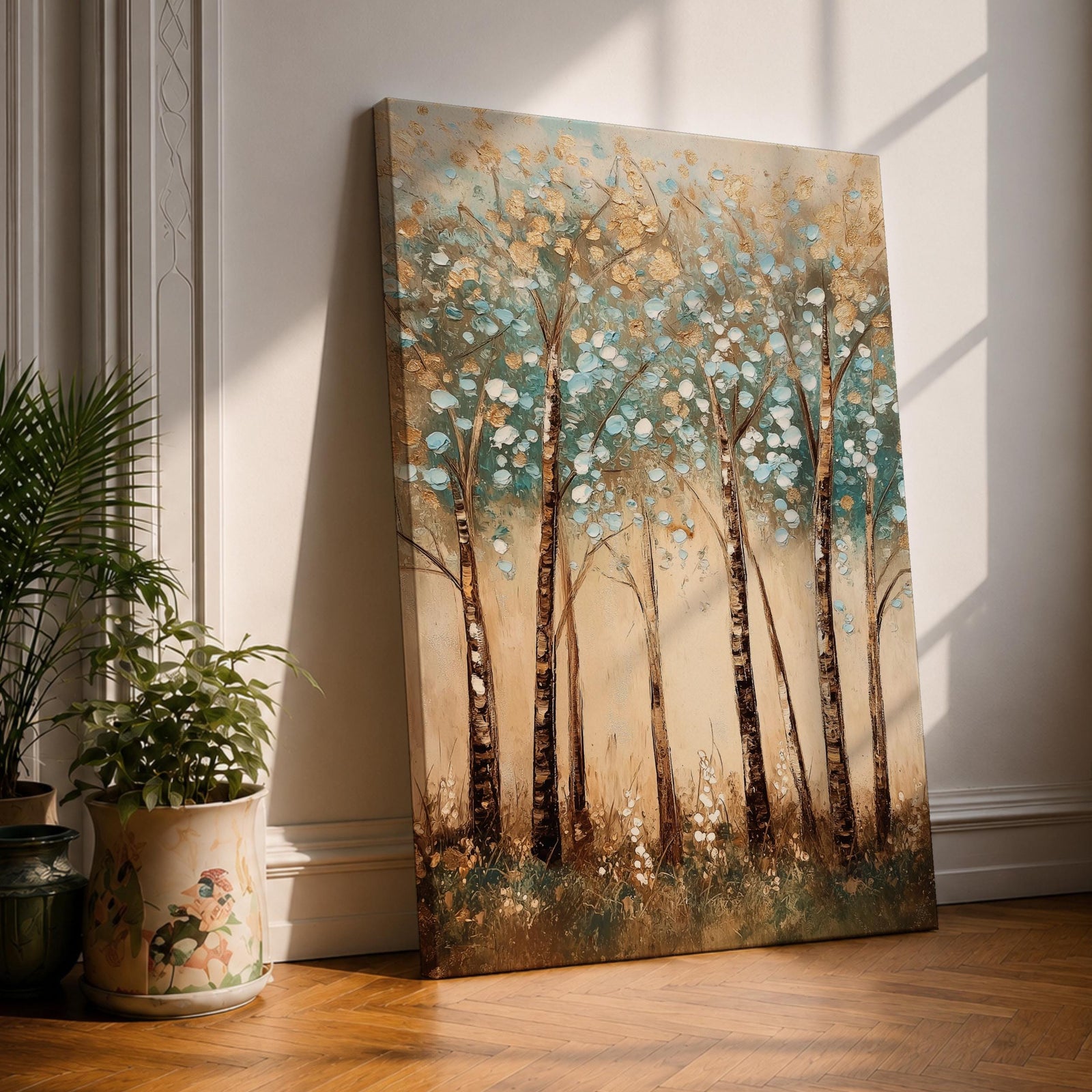 A vintage style framed canvas wall art depicting slender birch trees with textured bark and delicate foliage. The artwork features a rustic botanical theme with soft, muted colors and a natural forest setting, emphasizing the beauty of birch and aspen trees in a serene woodland environment.