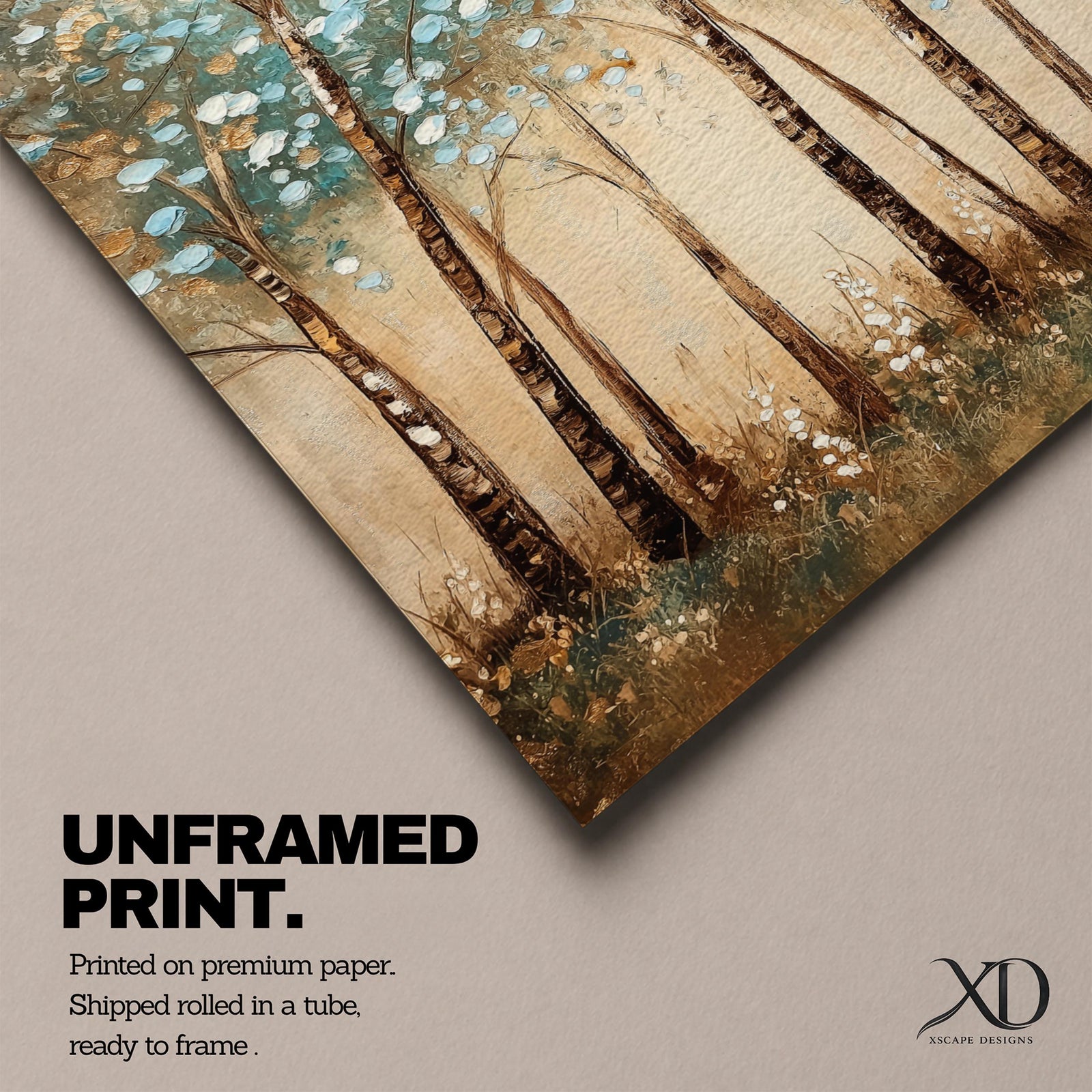 A vintage style framed canvas wall art depicting slender birch trees with textured bark and delicate foliage. The artwork features a rustic botanical theme with soft, muted colors and a natural forest setting, emphasizing the beauty of birch and aspen trees in a serene woodland environment.