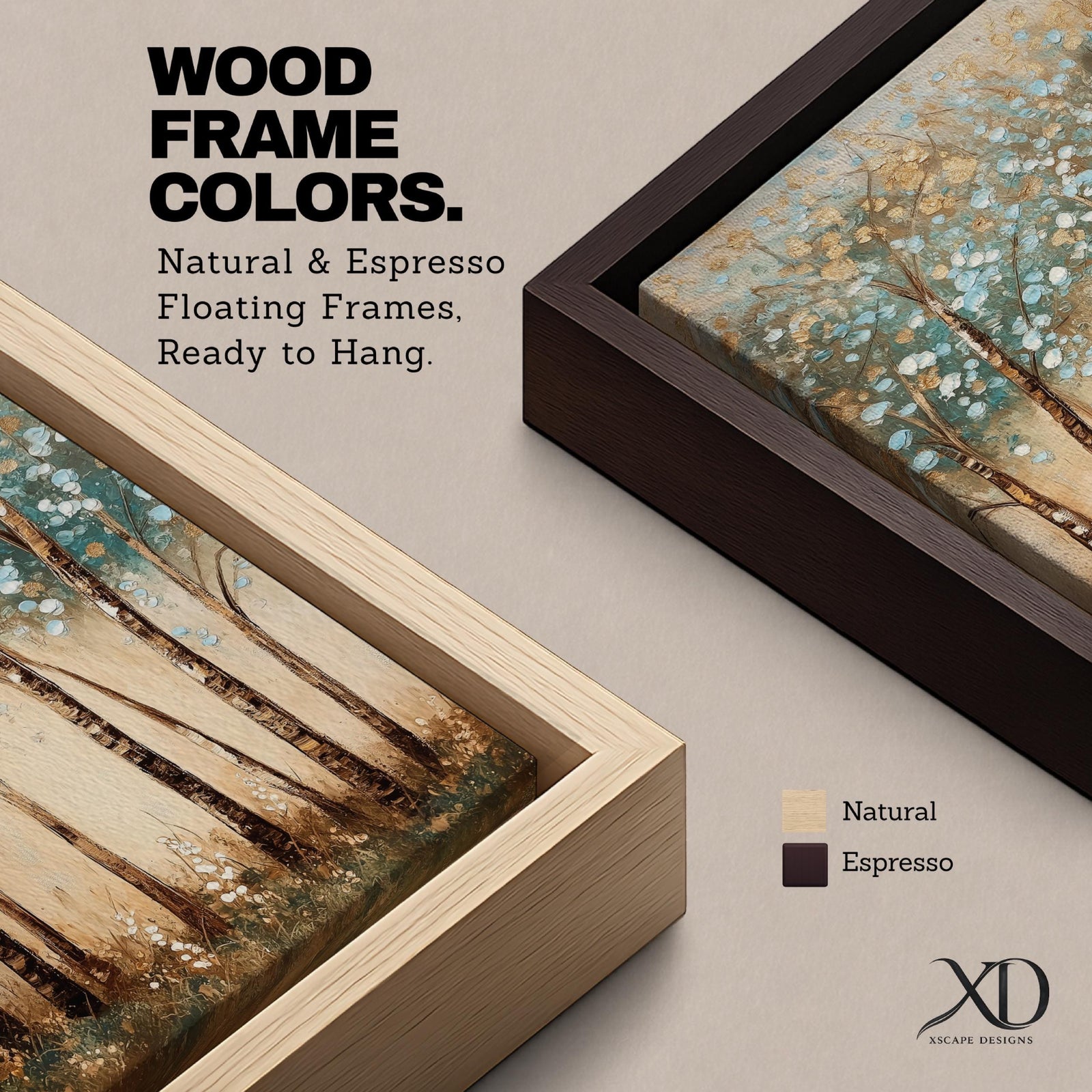 A vintage style framed canvas wall art depicting slender birch trees with textured bark and delicate foliage. The artwork features a rustic botanical theme with soft, muted colors and a natural forest setting, emphasizing the beauty of birch and aspen trees in a serene woodland environment.
