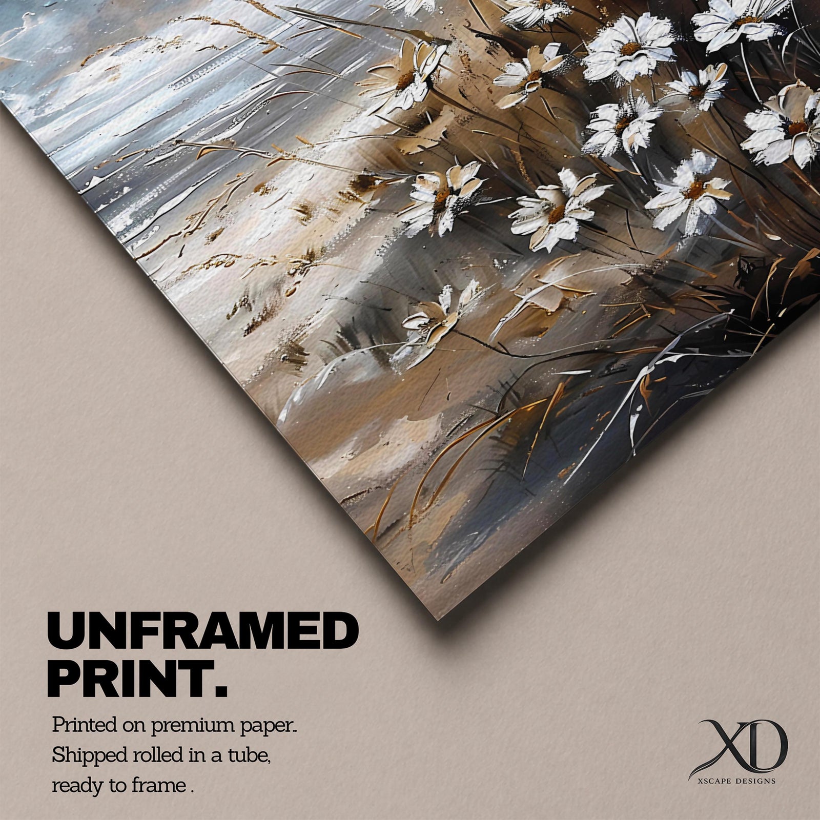 A vintage-style framed canvas wall art depicting a cluster of daisies and wild grasses by the beach. The artwork features textured brush strokes and muted coastal tones, blending floral elements with a rustic seaside atmosphere in a detailed floral composition.