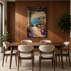 An impasto style painting depicting a Mediterranean patio overlooking a vibrant seaside landscape with lush flowers, wicker chairs, and a small table, capturing the coastal charm and natural beauty of the ocean view framed by colorful foliage.