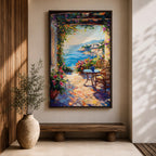 An impasto style painting depicting a Mediterranean patio overlooking a vibrant seaside landscape with lush flowers, wicker chairs, and a small table, capturing the coastal charm and natural beauty of the ocean view framed by colorful foliage.
