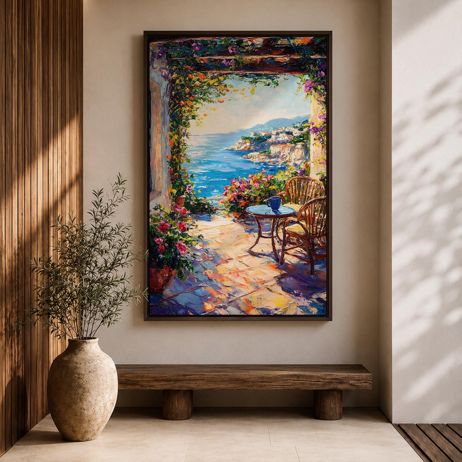An impasto style painting depicting a Mediterranean patio overlooking a vibrant seaside landscape with lush flowers, wicker chairs, and a small table, capturing the coastal charm and natural beauty of the ocean view framed by colorful foliage.