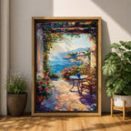 An impasto style painting depicting a Mediterranean patio overlooking a vibrant seaside landscape with lush flowers, wicker chairs, and a small table, capturing the coastal charm and natural beauty of the ocean view framed by colorful foliage.