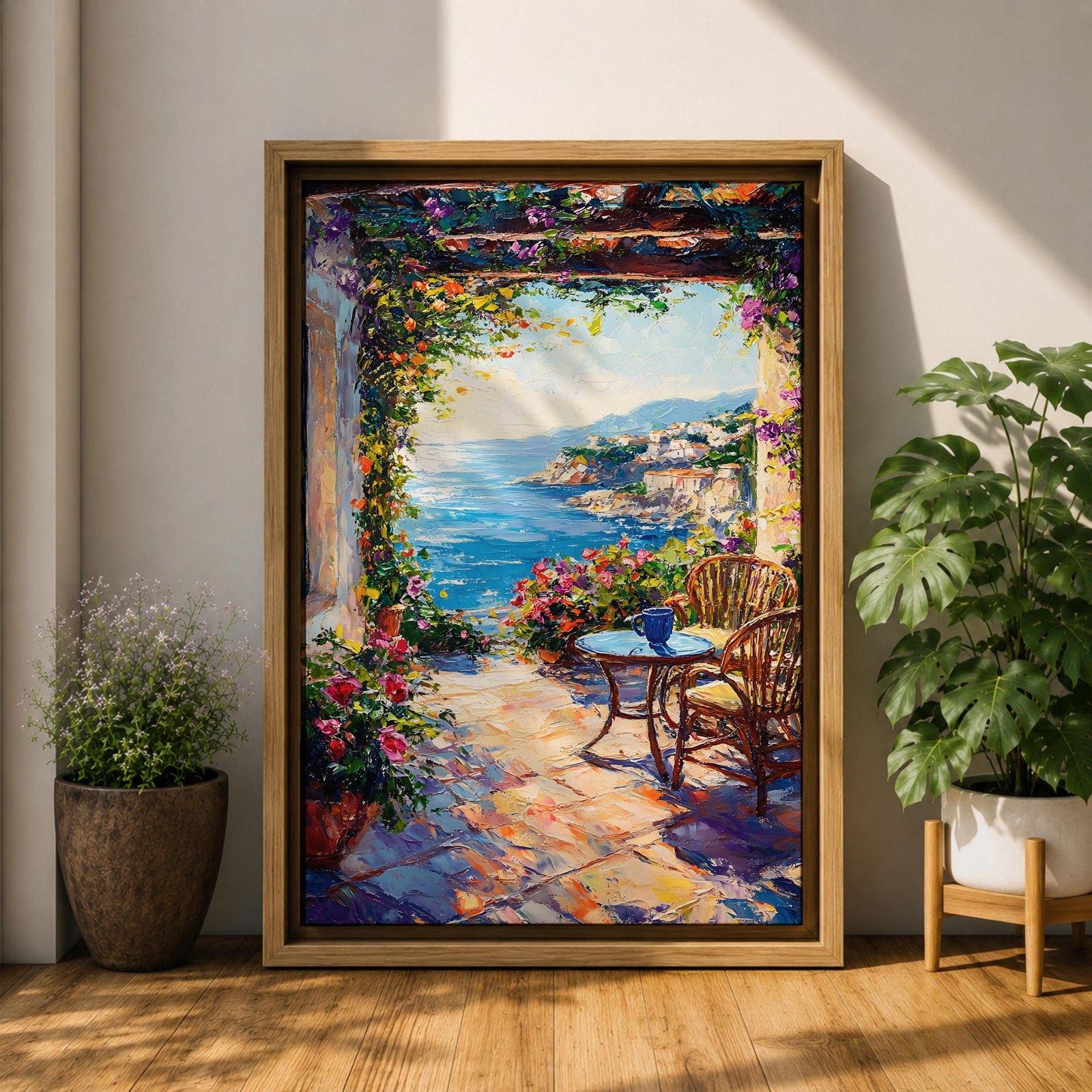 An impasto style painting depicting a Mediterranean patio overlooking a vibrant seaside landscape with lush flowers, wicker chairs, and a small table, capturing the coastal charm and natural beauty of the ocean view framed by colorful foliage.