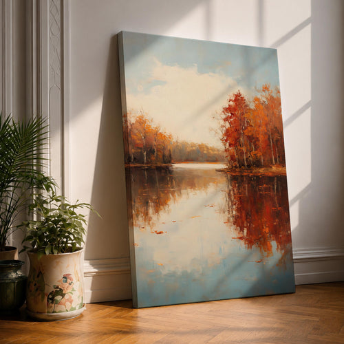 A vintage style framed canvas painting depicting an autumn landscape with trees in fall colors reflected on a calm lake. The artwork captures rustic fall scenery with textured brushstrokes and warm tones, emphasizing the natural beauty of the season in a classic vintage style.