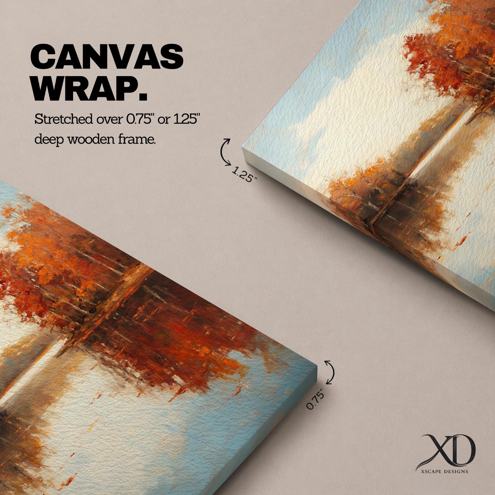 A vintage style framed canvas painting depicting an autumn landscape with trees in fall colors reflected on a calm lake. The artwork captures rustic fall scenery with textured brushstrokes and warm tones, emphasizing the natural beauty of the season in a classic vintage style.