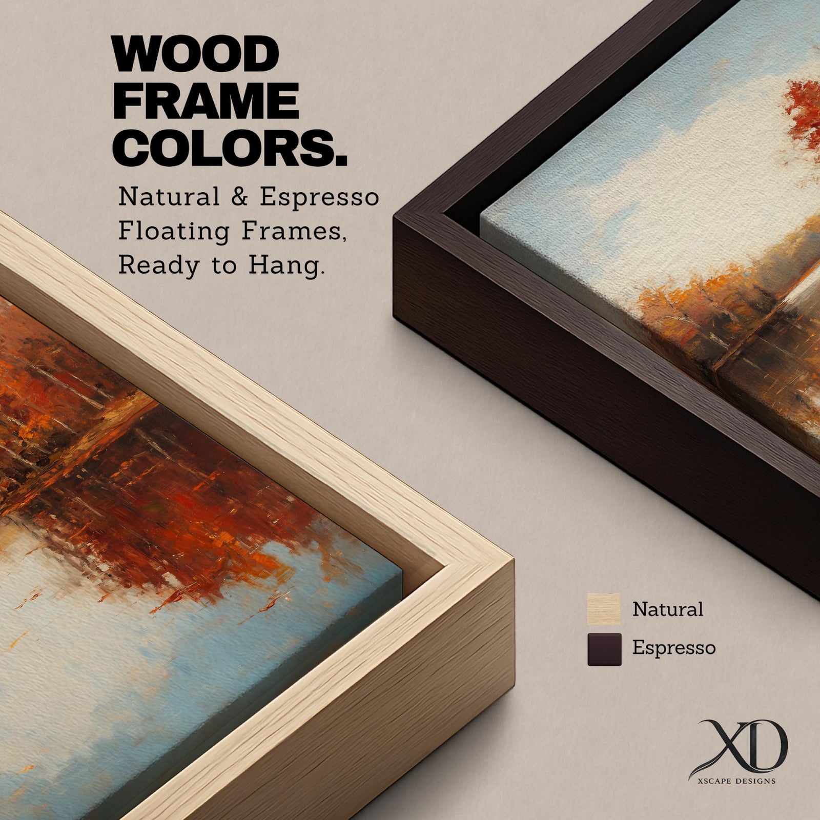 A vintage style framed canvas painting depicting an autumn landscape with trees in fall colors reflected on a calm lake. The artwork captures rustic fall scenery with textured brushstrokes and warm tones, emphasizing the natural beauty of the season in a classic vintage style.