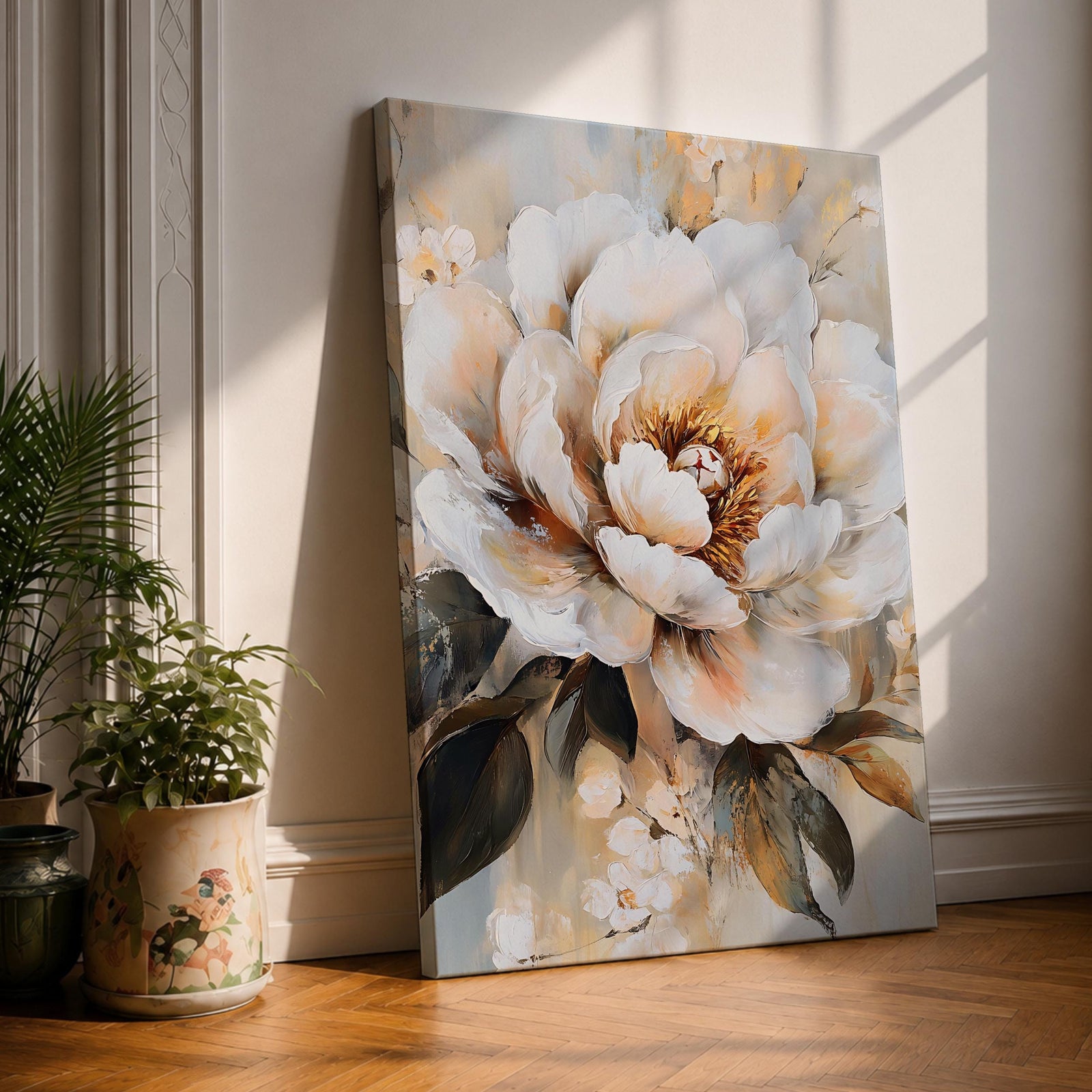 A detailed vintage-style floral painting featuring a large, lush peony bouquet with soft petals and intricate leaves. The artwork showcases a classic botanical composition with a warm, muted color palette, emphasizing natural textures and delicate flower forms in a framed canvas presentation.