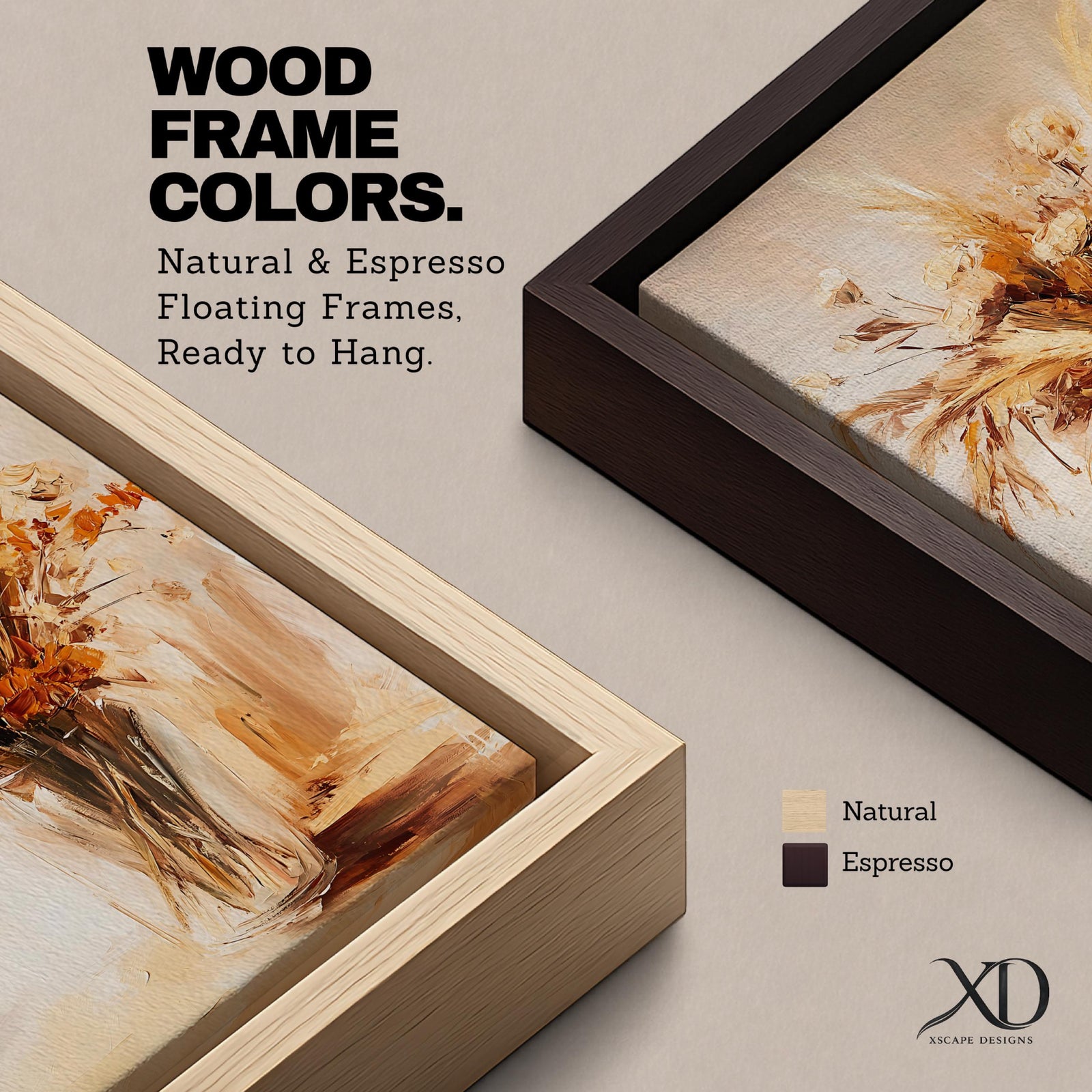 A framed canvas artwork depicting a dried floral bouquet in a vase, rendered in a vintage style with warm earthy tones. The composition features detailed dried flowers and grasses arranged naturally, capturing rustic botanical elements with a cottagecore aesthetic.