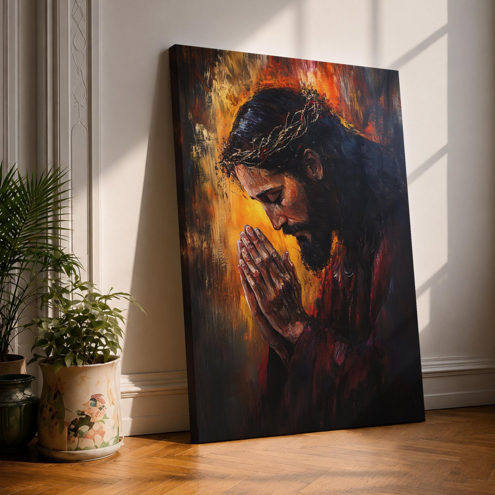 Painting of Jesus Christ shown in profile with head bowed and hands clasped in prayer, wearing a crown of thorns and red robe, illuminated by warm glowing light with expressive brushwork and dramatic shadows, creating a vintage devotional Christian composition focused on reflection and sacrifice.
