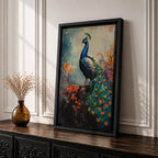 This artwork features a detailed impasto painting of a peacock standing on a branch surrounded by vibrant foliage. The thick textured brushstrokes emphasize the bird’s feathers and tail, creating a rich, tactile visual effect. The composition highlights the peacock’s elegant posture and colorful plumage in a natural setting.