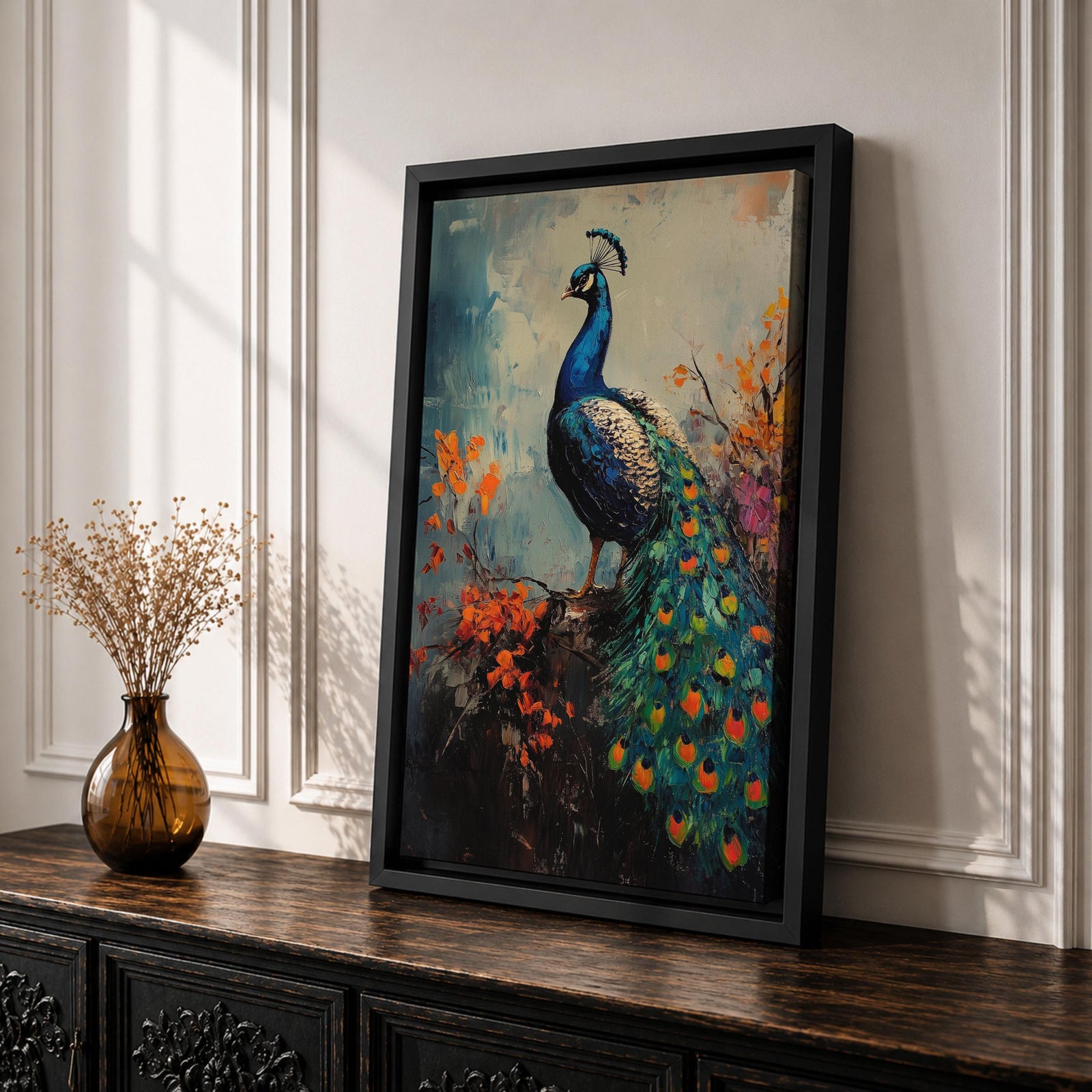 This artwork features a detailed impasto painting of a peacock standing on a branch surrounded by vibrant foliage. The thick textured brushstrokes emphasize the bird’s feathers and tail, creating a rich, tactile visual effect. The composition highlights the peacock’s elegant posture and colorful plumage in a natural setting.