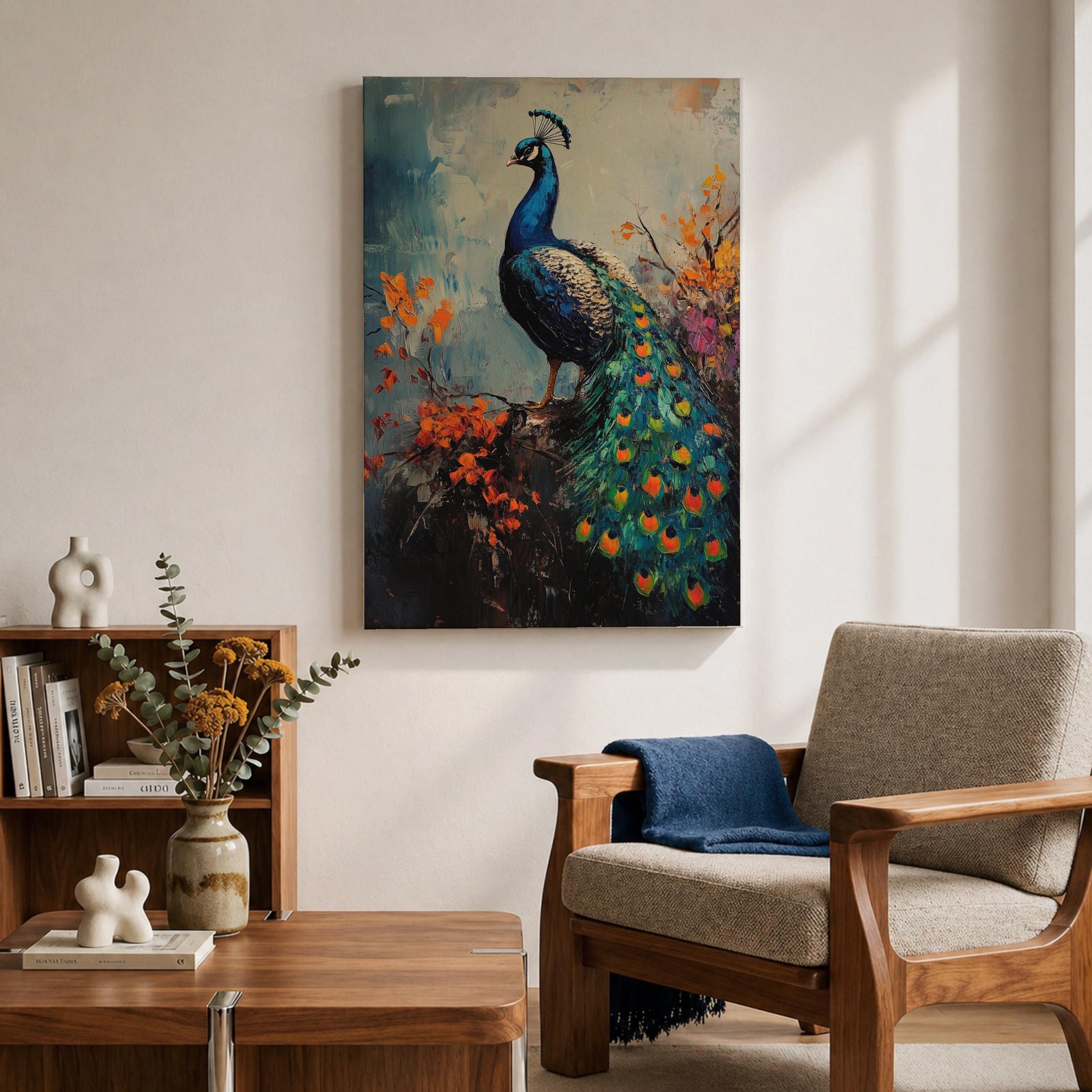 This artwork features a detailed impasto painting of a peacock standing on a branch surrounded by vibrant foliage. The thick textured brushstrokes emphasize the bird’s feathers and tail, creating a rich, tactile visual effect. The composition highlights the peacock’s elegant posture and colorful plumage in a natural setting.