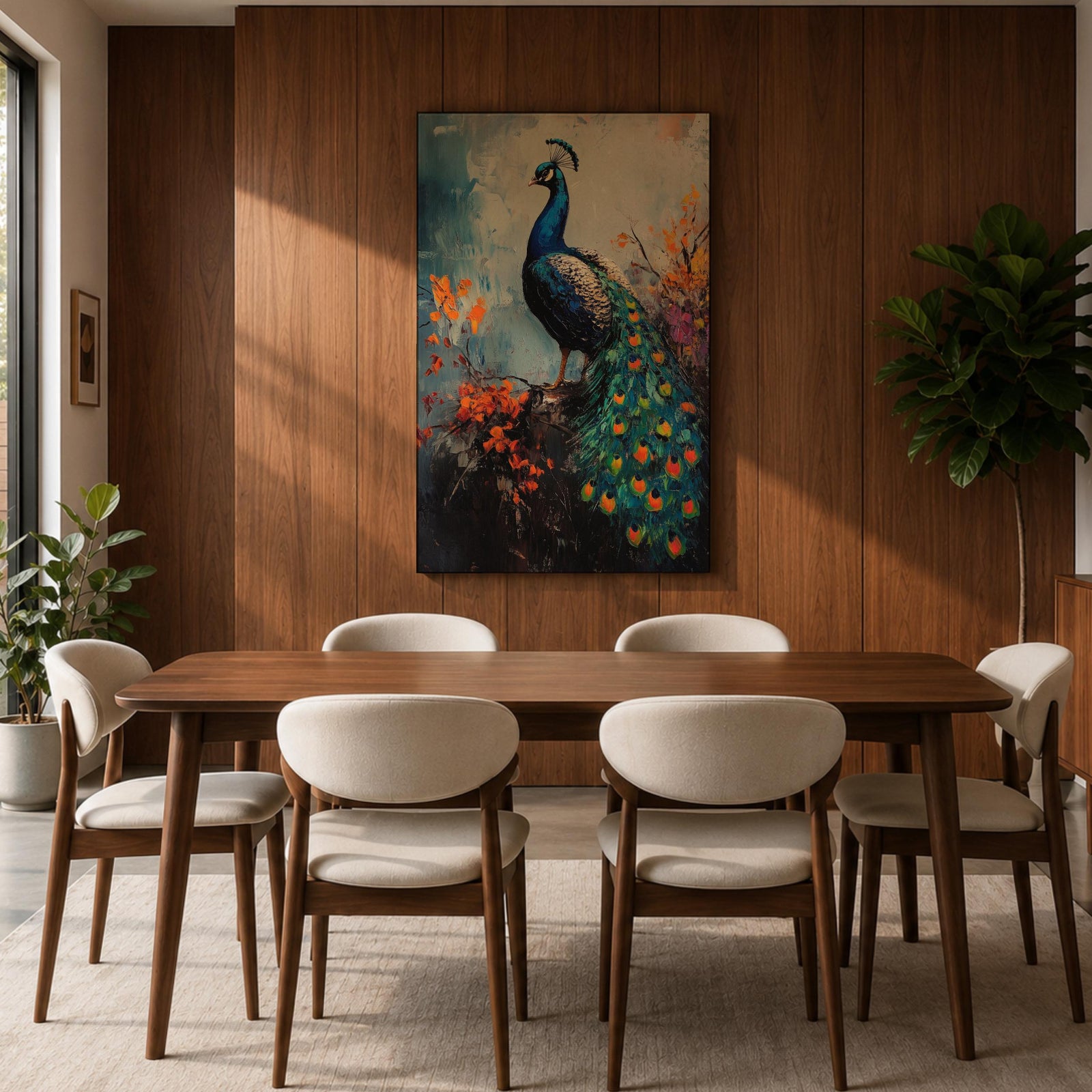 This artwork features a detailed impasto painting of a peacock standing on a branch surrounded by vibrant foliage. The thick textured brushstrokes emphasize the bird’s feathers and tail, creating a rich, tactile visual effect. The composition highlights the peacock’s elegant posture and colorful plumage in a natural setting.