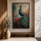 This artwork features a detailed impasto painting of a peacock standing on a branch surrounded by vibrant foliage. The thick textured brushstrokes emphasize the bird’s feathers and tail, creating a rich, tactile visual effect. The composition highlights the peacock’s elegant posture and colorful plumage in a natural setting.