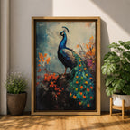 This artwork features a detailed impasto painting of a peacock standing on a branch surrounded by vibrant foliage. The thick textured brushstrokes emphasize the bird’s feathers and tail, creating a rich, tactile visual effect. The composition highlights the peacock’s elegant posture and colorful plumage in a natural setting.