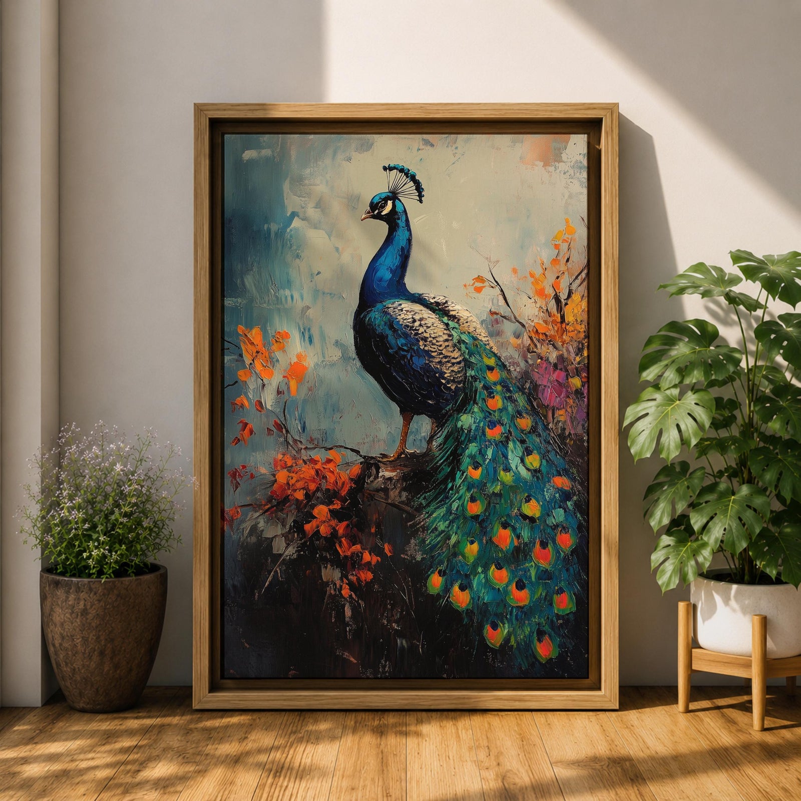 This artwork features a detailed impasto painting of a peacock standing on a branch surrounded by vibrant foliage. The thick textured brushstrokes emphasize the bird’s feathers and tail, creating a rich, tactile visual effect. The composition highlights the peacock’s elegant posture and colorful plumage in a natural setting.