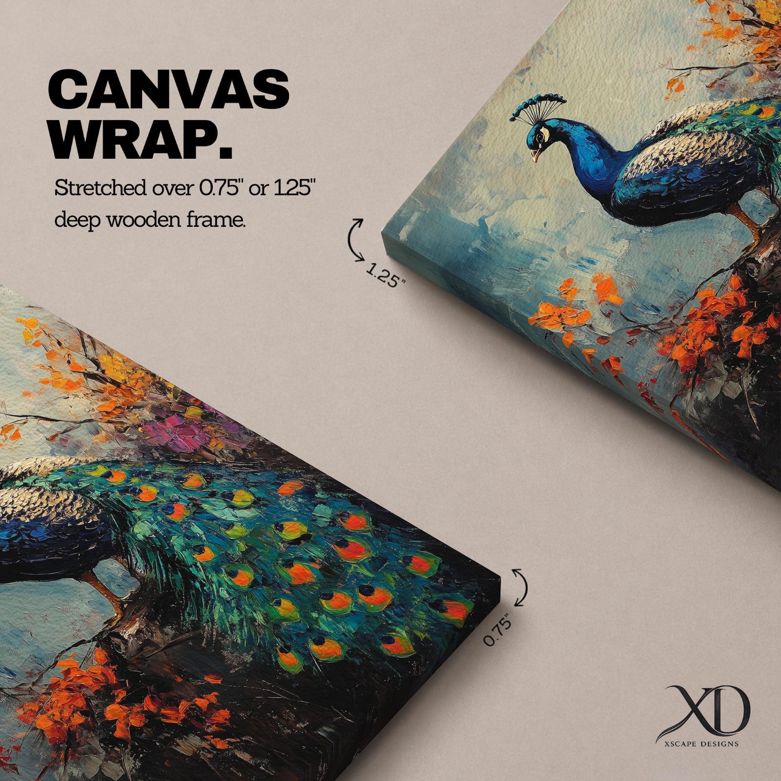This artwork features a detailed impasto painting of a peacock standing on a branch surrounded by vibrant foliage. The thick textured brushstrokes emphasize the bird’s feathers and tail, creating a rich, tactile visual effect. The composition highlights the peacock’s elegant posture and colorful plumage in a natural setting.