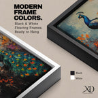 This artwork features a detailed impasto painting of a peacock standing on a branch surrounded by vibrant foliage. The thick textured brushstrokes emphasize the bird’s feathers and tail, creating a rich, tactile visual effect. The composition highlights the peacock’s elegant posture and colorful plumage in a natural setting.