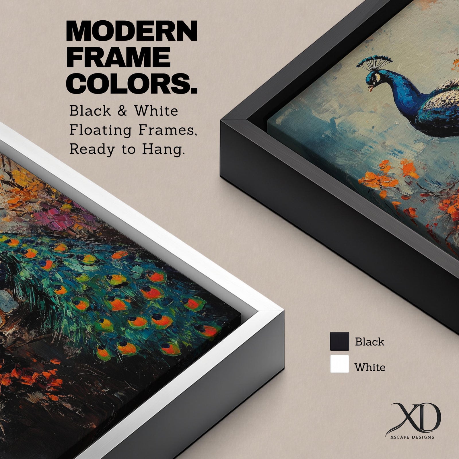 This artwork features a detailed impasto painting of a peacock standing on a branch surrounded by vibrant foliage. The thick textured brushstrokes emphasize the bird’s feathers and tail, creating a rich, tactile visual effect. The composition highlights the peacock’s elegant posture and colorful plumage in a natural setting.