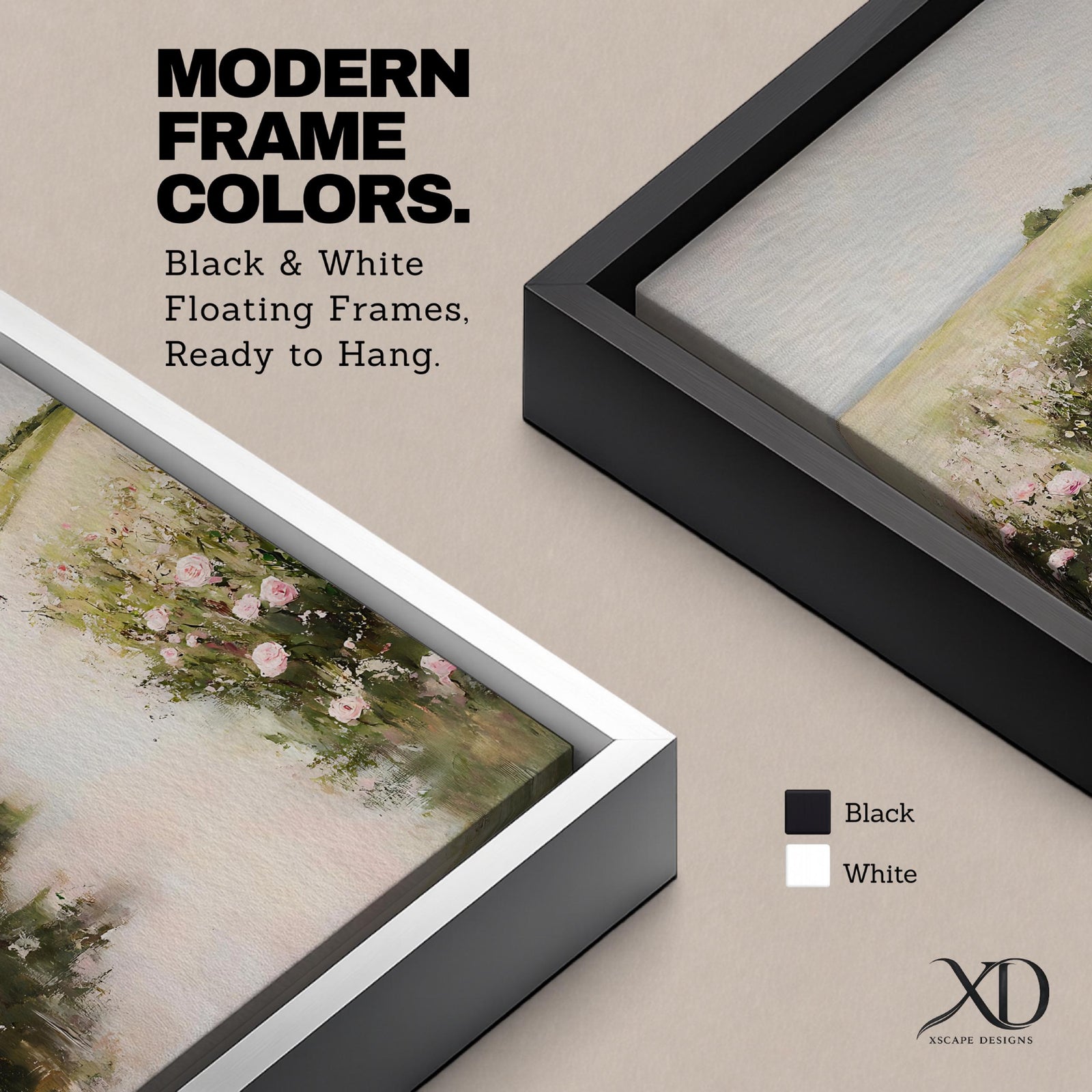 A vintage style framed canvas painting depicting a floral pathway bordered by blooming pink roses and greenery leading into a soft, open landscape. The artwork features impressionistic brush strokes with a romantic cottagecore aesthetic, emphasizing natural beauty and rustic charm in a serene outdoor setting.