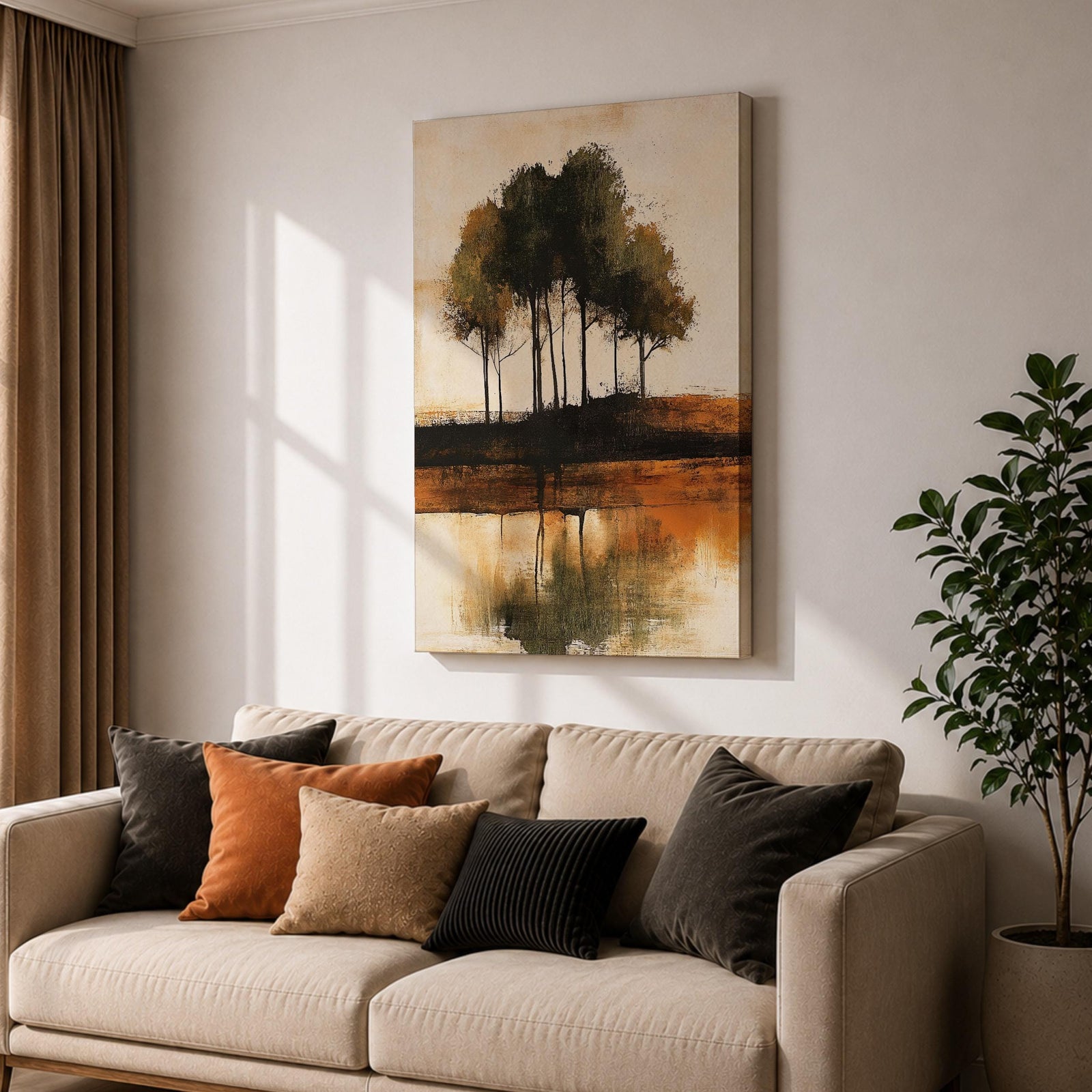 This artwork features an abstract landscape with a cluster of trees reflected in a body of water. The style is painterly and textured with earthy tones, emphasizing natural forms and rustic elements. The composition centers on the trees and their mirrored image, creating a serene nature scene.