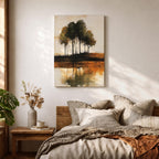 This artwork features an abstract landscape with a cluster of trees reflected in a body of water. The style is painterly and textured with earthy tones, emphasizing natural forms and rustic elements. The composition centers on the trees and their mirrored image, creating a serene nature scene.