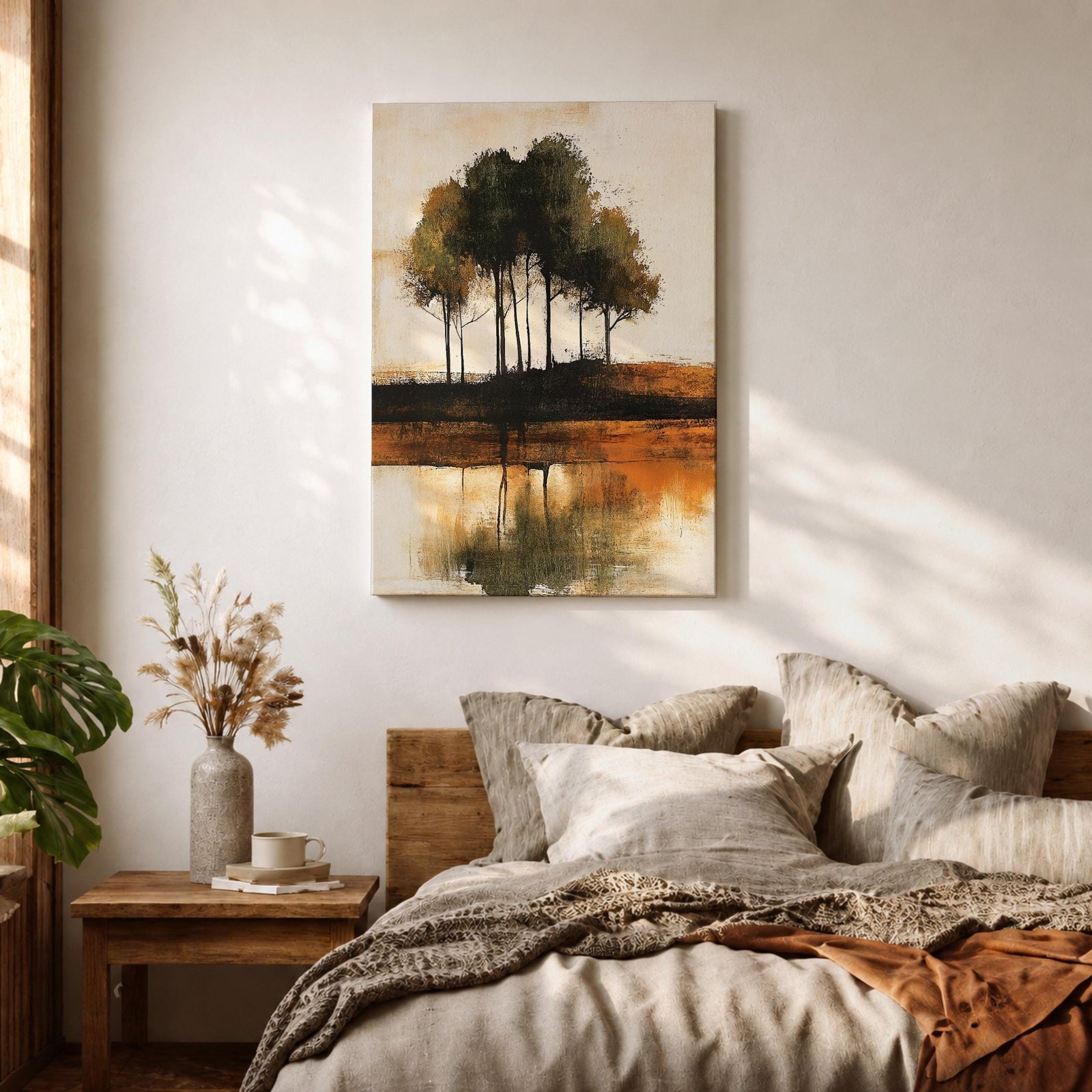 This artwork features an abstract landscape with a cluster of trees reflected in a body of water. The style is painterly and textured with earthy tones, emphasizing natural forms and rustic elements. The composition centers on the trees and their mirrored image, creating a serene nature scene.