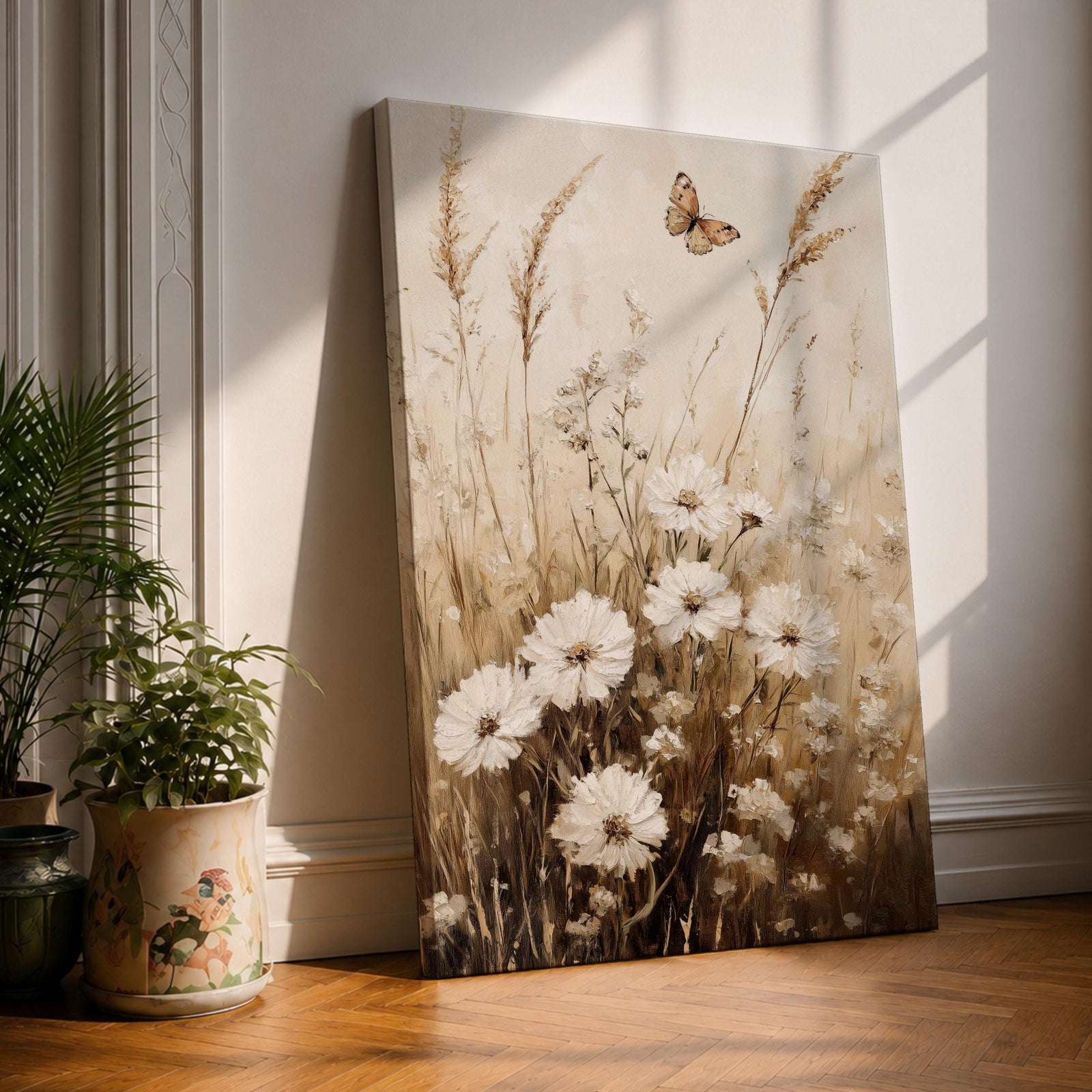 A vintage-style framed canvas depicting a wildflower meadow with delicate white flowers and tall grasses. The artwork features a soft, rustic aesthetic with a butterfly hovering above the flowers, rendered in muted earth tones that evoke a nostalgic cottagecore feel.