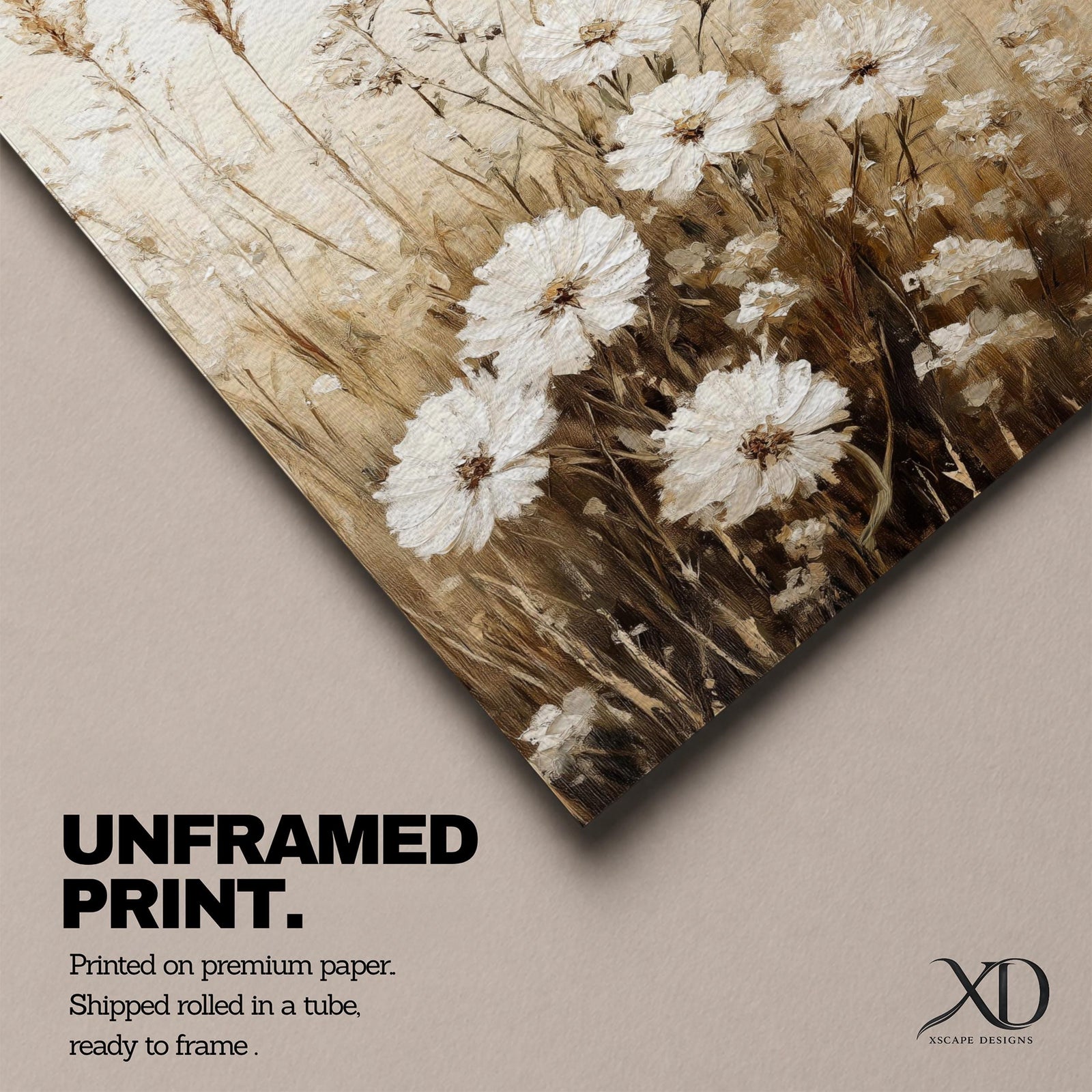 A vintage-style framed canvas depicting a wildflower meadow with delicate white flowers and tall grasses. The artwork features a soft, rustic aesthetic with a butterfly hovering above the flowers, rendered in muted earth tones that evoke a nostalgic cottagecore feel.