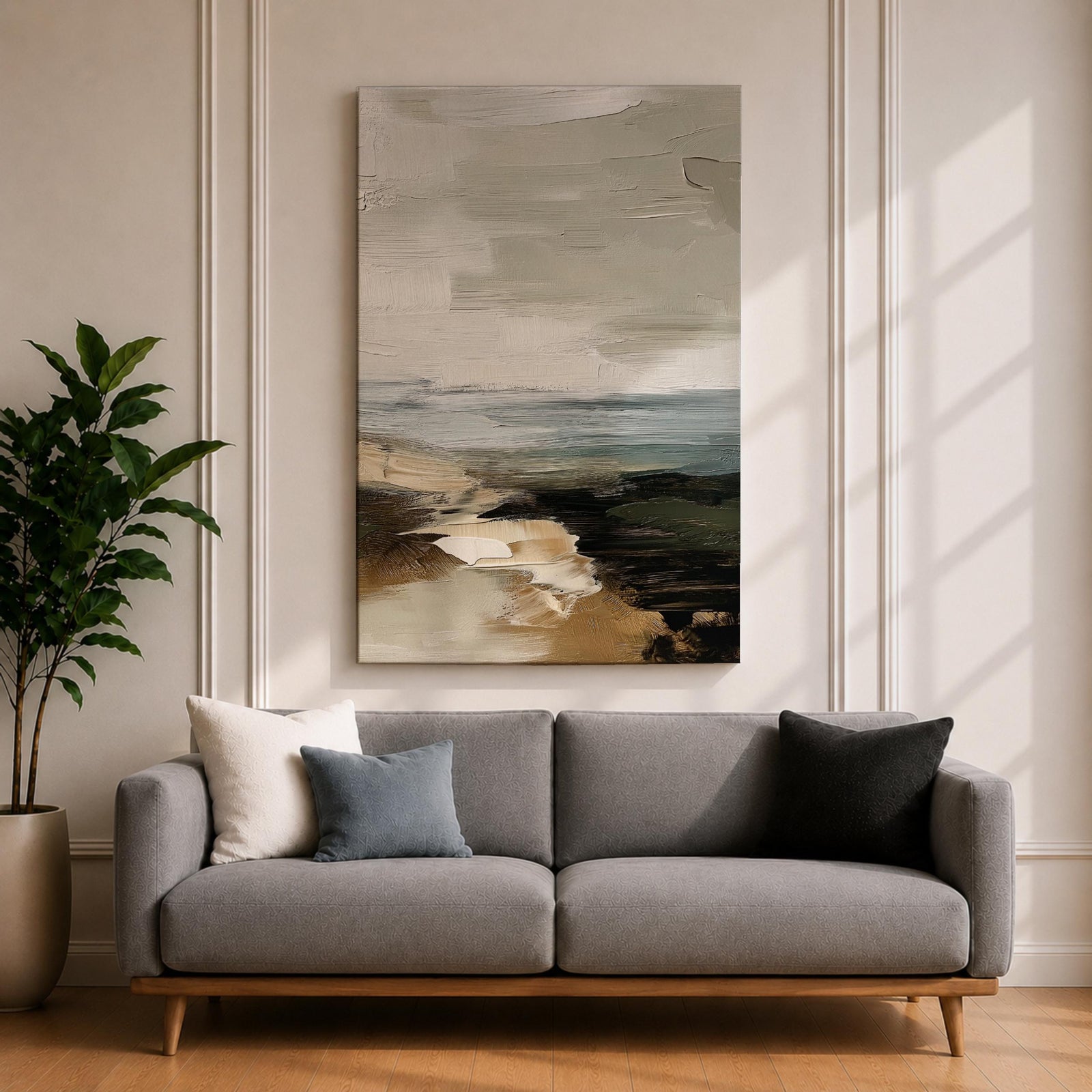 An abstract seascape painting with textured brush strokes depicting a coastal scene. The artwork features layered colors blending sea, sky, and shore elements in a rustic style with an impressionistic, abstract approach emphasizing natural landscape forms.