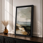 An abstract seascape painting with textured brush strokes depicting a coastal scene. The artwork features layered colors blending sea, sky, and shore elements in a rustic style with an impressionistic, abstract approach emphasizing natural landscape forms.