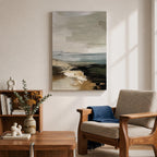 An abstract seascape painting with textured brush strokes depicting a coastal scene. The artwork features layered colors blending sea, sky, and shore elements in a rustic style with an impressionistic, abstract approach emphasizing natural landscape forms.