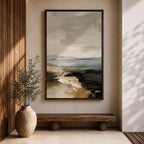 An abstract seascape painting with textured brush strokes depicting a coastal scene. The artwork features layered colors blending sea, sky, and shore elements in a rustic style with an impressionistic, abstract approach emphasizing natural landscape forms.