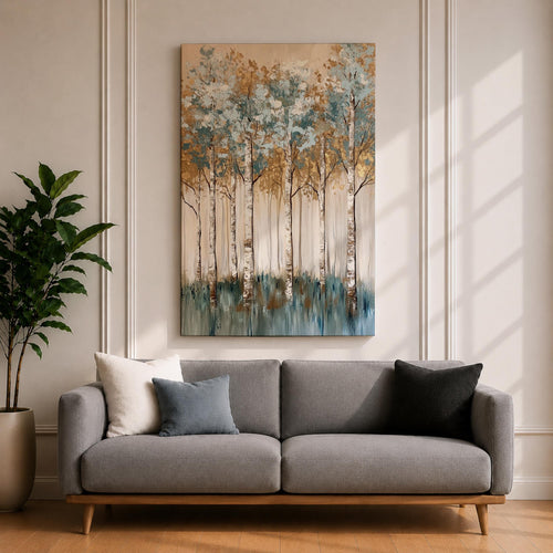 A vintage-style framed canvas wall art depicting a birch tree forest with slender white trunks and textured foliage in blue and gold hues. The composition captures a serene woodland scene with a painterly vintage aesthetic, emphasizing natural elements and vertical tree forms in a nature-themed artwork.