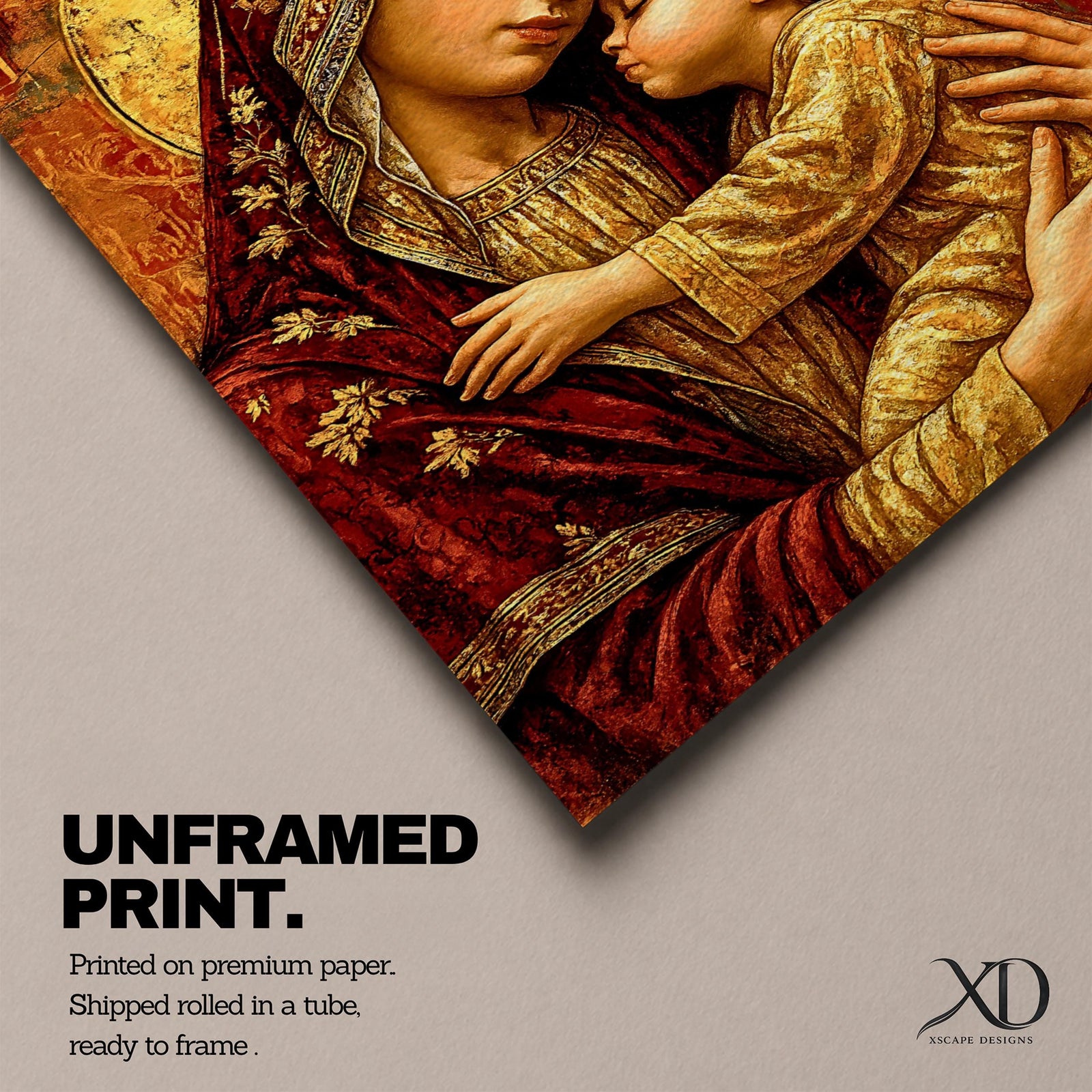Painting of the Virgin Mary gently holding the child Jesus close to her chest with both figures touching foreheads, wearing rich robes and golden halos behind their heads, rendered in a vintage devotional icon style with warm tones emphasizing maternal tenderness and sacred intimacy.