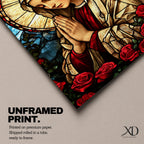 Stained glass style artwork of the Virgin Mary with head bowed and hands clasped in prayer, wearing a cream veil and red garment, surrounded by a radiant circular halo and red roses at the base, rendered with detailed stained glass panels and rich colors in a devotional Marian composition.