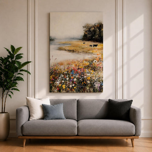 A vintage-style framed canvas painting depicting a countryside river scene with a wildflower meadow in the foreground and trees along the riverbank. The artwork features rustic natural elements and a soft, nostalgic aesthetic typical of farmhouse decor, emphasizing a peaceful rural landscape.