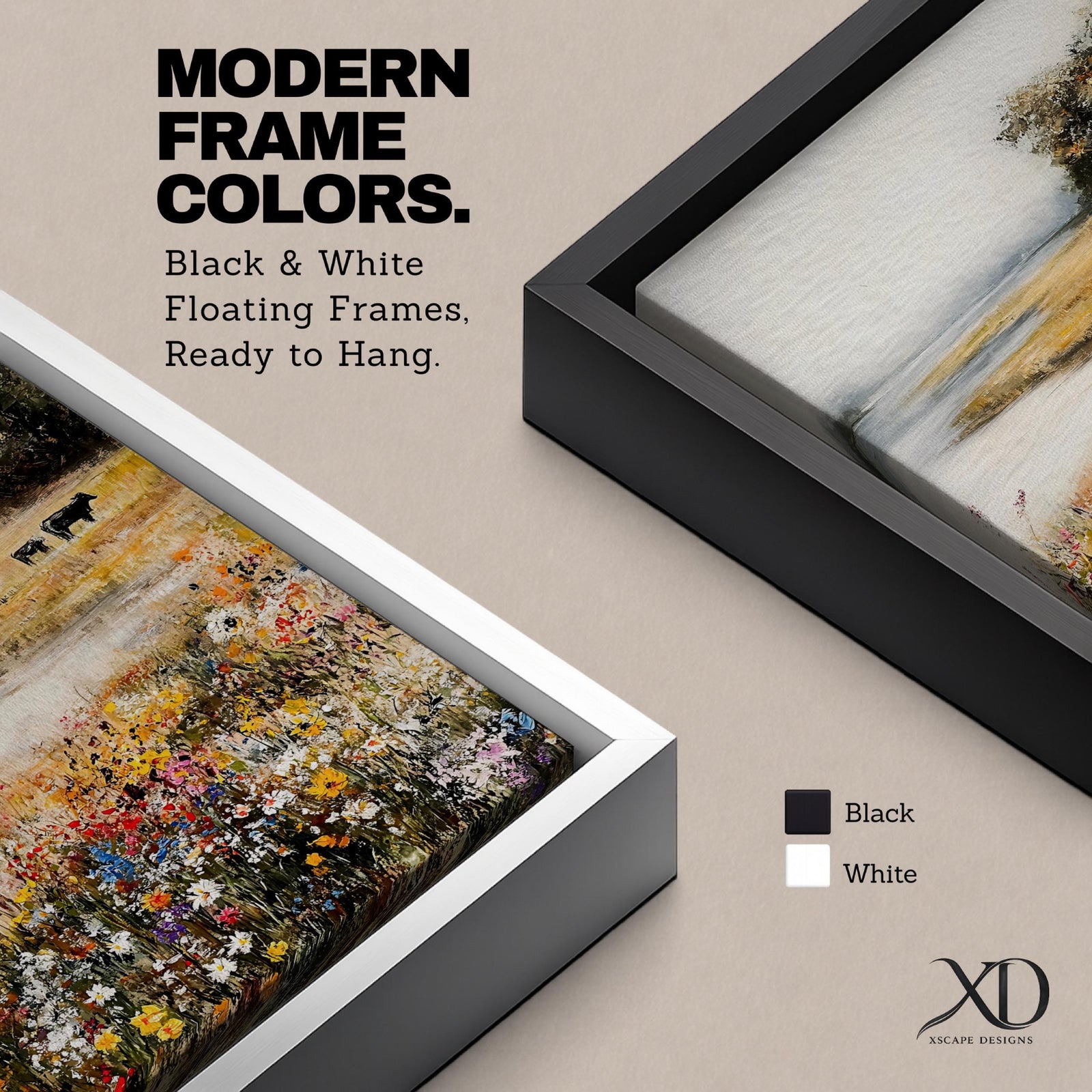 A vintage-style framed canvas painting depicting a countryside river scene with a wildflower meadow in the foreground and trees along the riverbank. The artwork features rustic natural elements and a soft, nostalgic aesthetic typical of farmhouse decor, emphasizing a peaceful rural landscape.