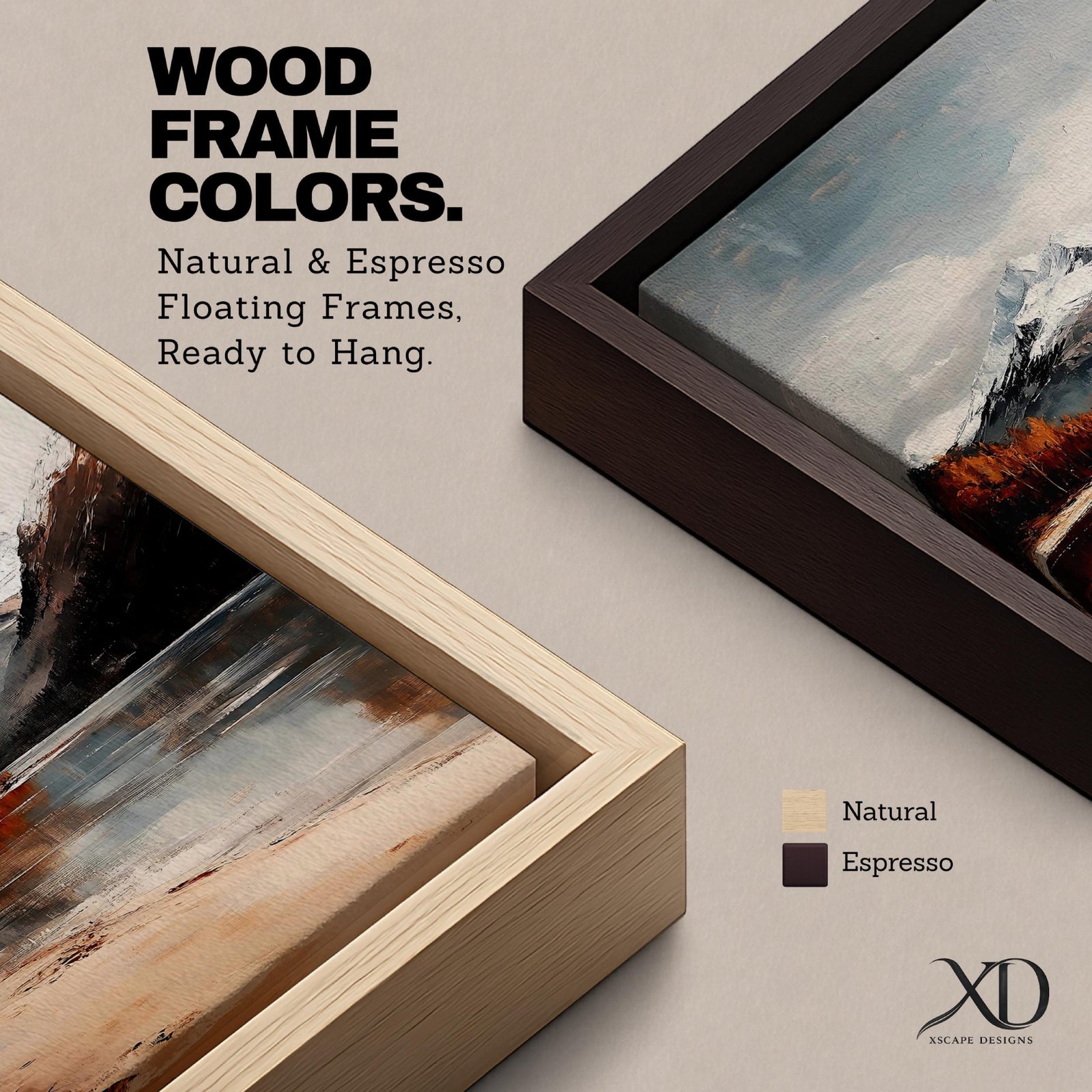 A framed vintage-style painting of a mountain lake featuring snow-capped peaks, autumnal trees, and a reflective water surface, rendered with textured brushstrokes that emphasize a rustic natural landscape.