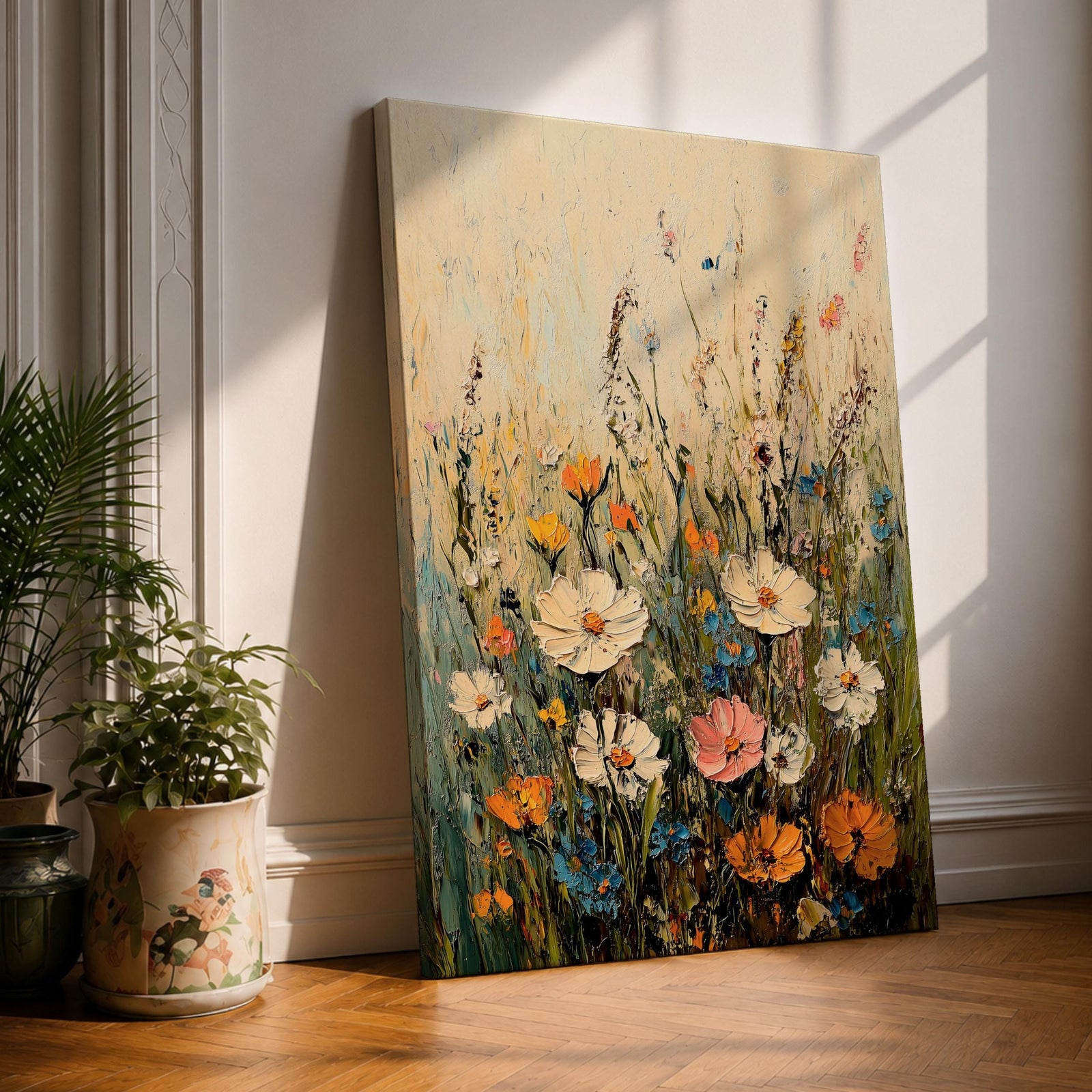 A textured impasto painting of a wildflower meadow featuring various flowers including large white, pink, orange, and blue blooms with tall green stems against a soft beige and blue background. The floral composition is vibrant and detailed, emphasizing natural beauty in a classic impasto style.