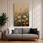 A textured impasto painting of a wildflower meadow featuring various flowers including large white, pink, orange, and blue blooms with tall green stems against a soft beige and blue background. The floral composition is vibrant and detailed, emphasizing natural beauty in a classic impasto style.