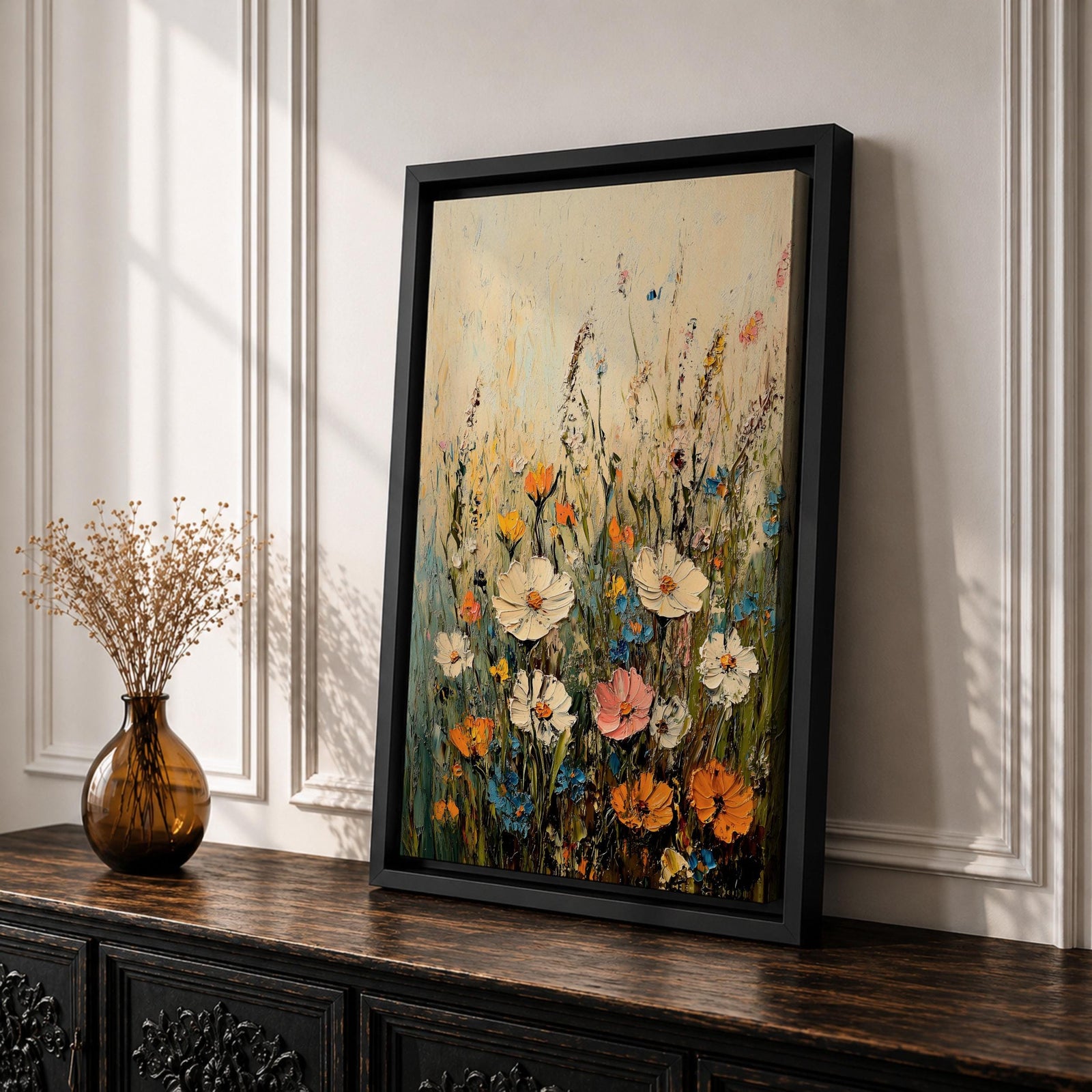 A textured impasto painting of a wildflower meadow featuring various flowers including large white, pink, orange, and blue blooms with tall green stems against a soft beige and blue background. The floral composition is vibrant and detailed, emphasizing natural beauty in a classic impasto style.