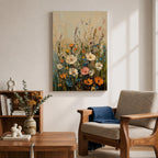 A textured impasto painting of a wildflower meadow featuring various flowers including large white, pink, orange, and blue blooms with tall green stems against a soft beige and blue background. The floral composition is vibrant and detailed, emphasizing natural beauty in a classic impasto style.