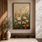 A textured impasto painting of a wildflower meadow featuring various flowers including large white, pink, orange, and blue blooms with tall green stems against a soft beige and blue background. The floral composition is vibrant and detailed, emphasizing natural beauty in a classic impasto style.
