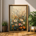 A textured impasto painting of a wildflower meadow featuring various flowers including large white, pink, orange, and blue blooms with tall green stems against a soft beige and blue background. The floral composition is vibrant and detailed, emphasizing natural beauty in a classic impasto style.