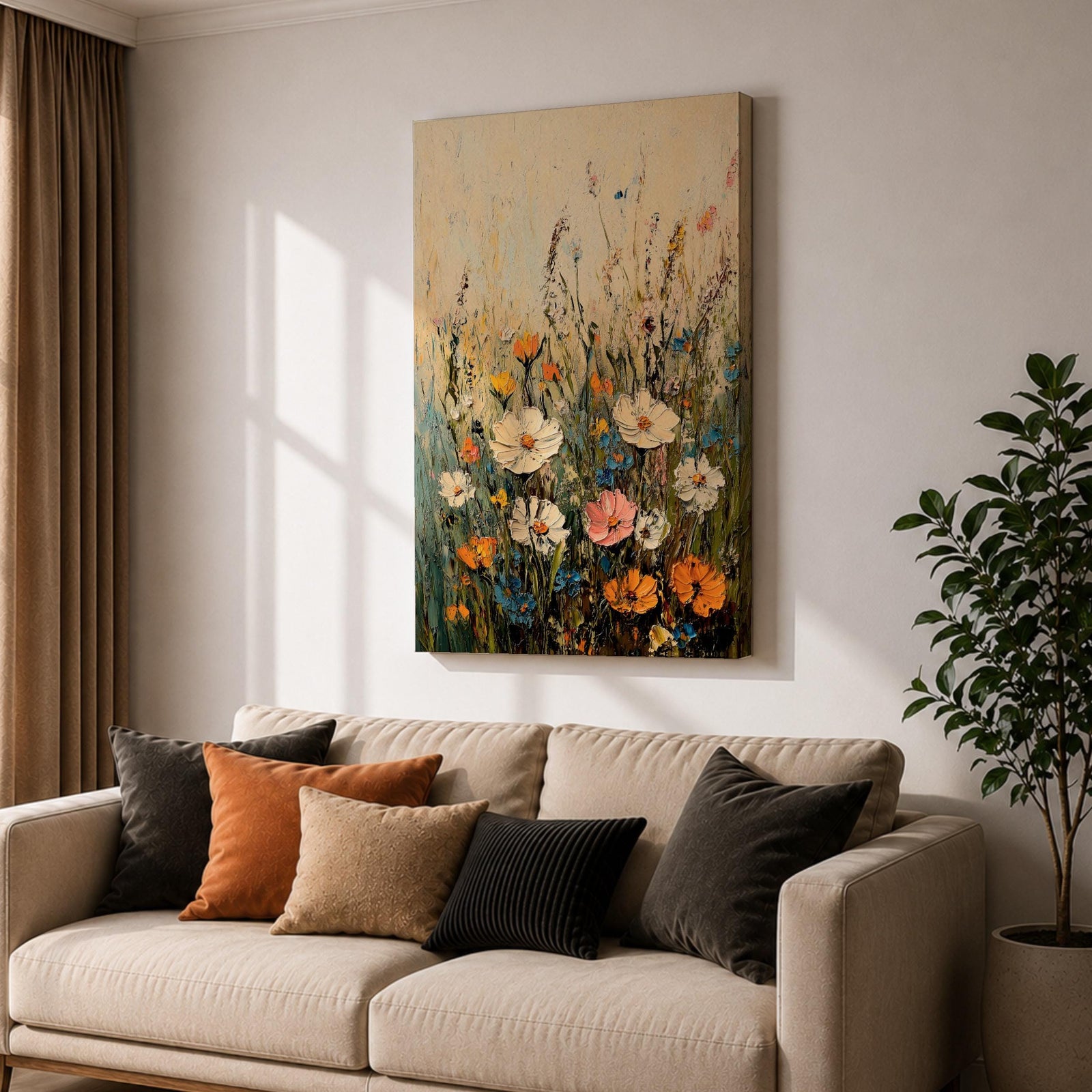 A textured impasto painting of a wildflower meadow featuring various flowers including large white, pink, orange, and blue blooms with tall green stems against a soft beige and blue background. The floral composition is vibrant and detailed, emphasizing natural beauty in a classic impasto style.