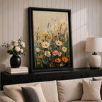 A textured impasto painting of a wildflower meadow featuring various flowers including large white, pink, orange, and blue blooms with tall green stems against a soft beige and blue background. The floral composition is vibrant and detailed, emphasizing natural beauty in a classic impasto style.